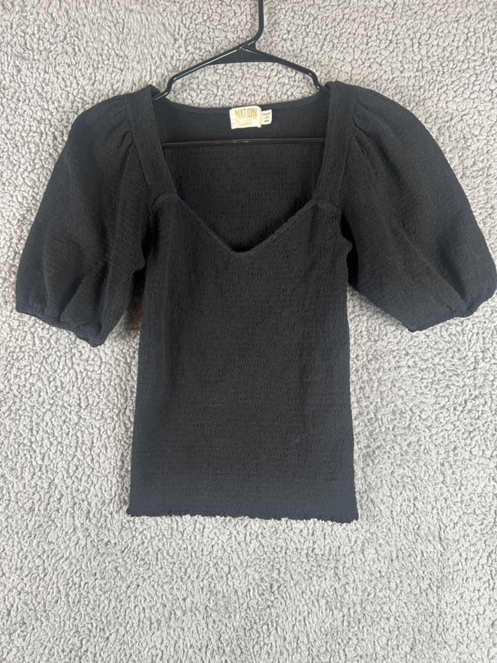 NATION LTD Smocked Ballon Sleeve  Pima Cotton Black Top Size XS